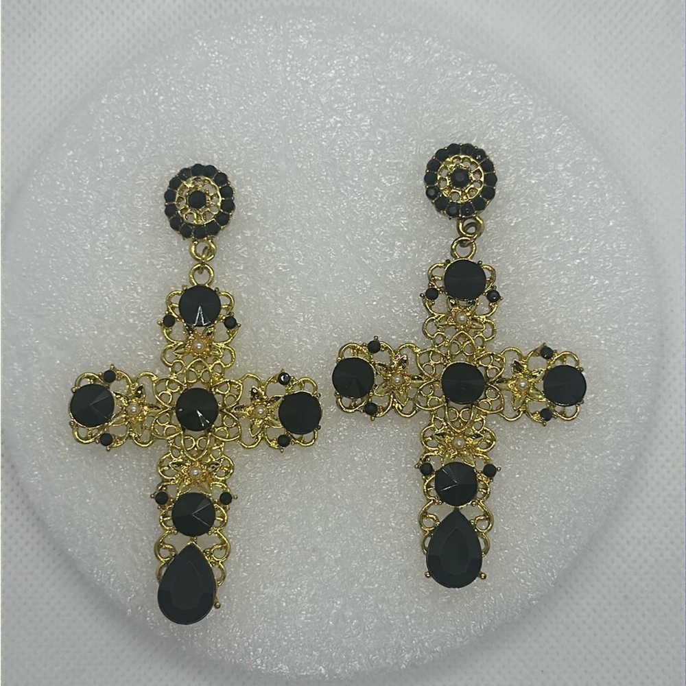 Statement Black & Gold Cross Earrings - Gothic, Victorian, Elegant 3.5" Drop - Picture 2 of 11
